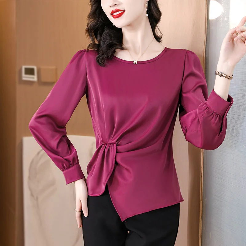 2024 Autumn New High Grade Silk Smooth Satin French Fashion Chiffon Blouse Women\'s Solid Elegant Loose Folds Party Prom Shirts