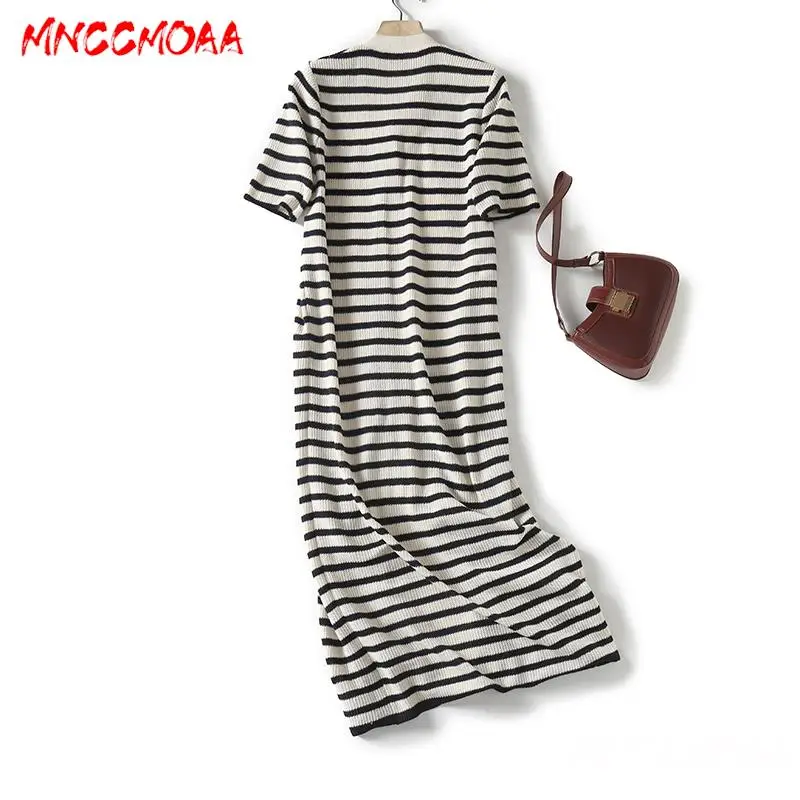 MNCCMOAA 2024 New Spring Summer Short Sleeve Knitted Dress Female Casual V Neck Single Breasted Striped Dresses