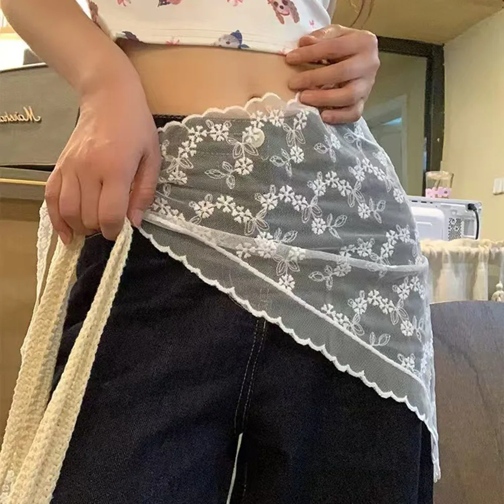 الدانتيل التنانير المفتوحة Y2K الدانتيل نصف تنورة العصرية زهرة التطريز مثلث تنورة قصيرة قطعة واحدة تصميم لينة الشاش تنورة الطرف