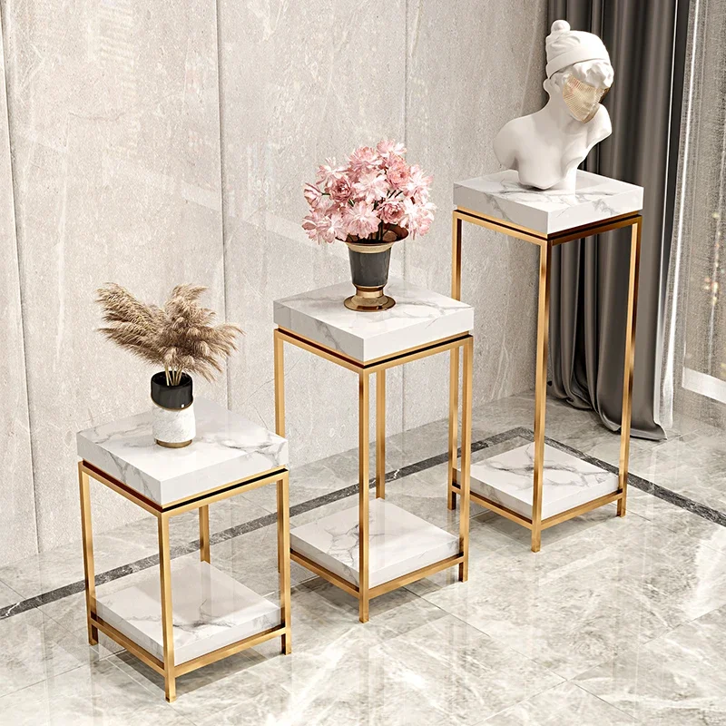 Mild Luxury Marble Flower Rack Living Room Floor-Type High-End Stainless Steel Storage Rack