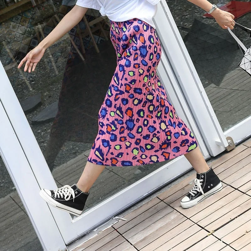 High Waist Leopard Skirt 2026 Korean Summer Office Lady Elegant Simple All-match Jupe Split Pleated Slim Mujer Faldas