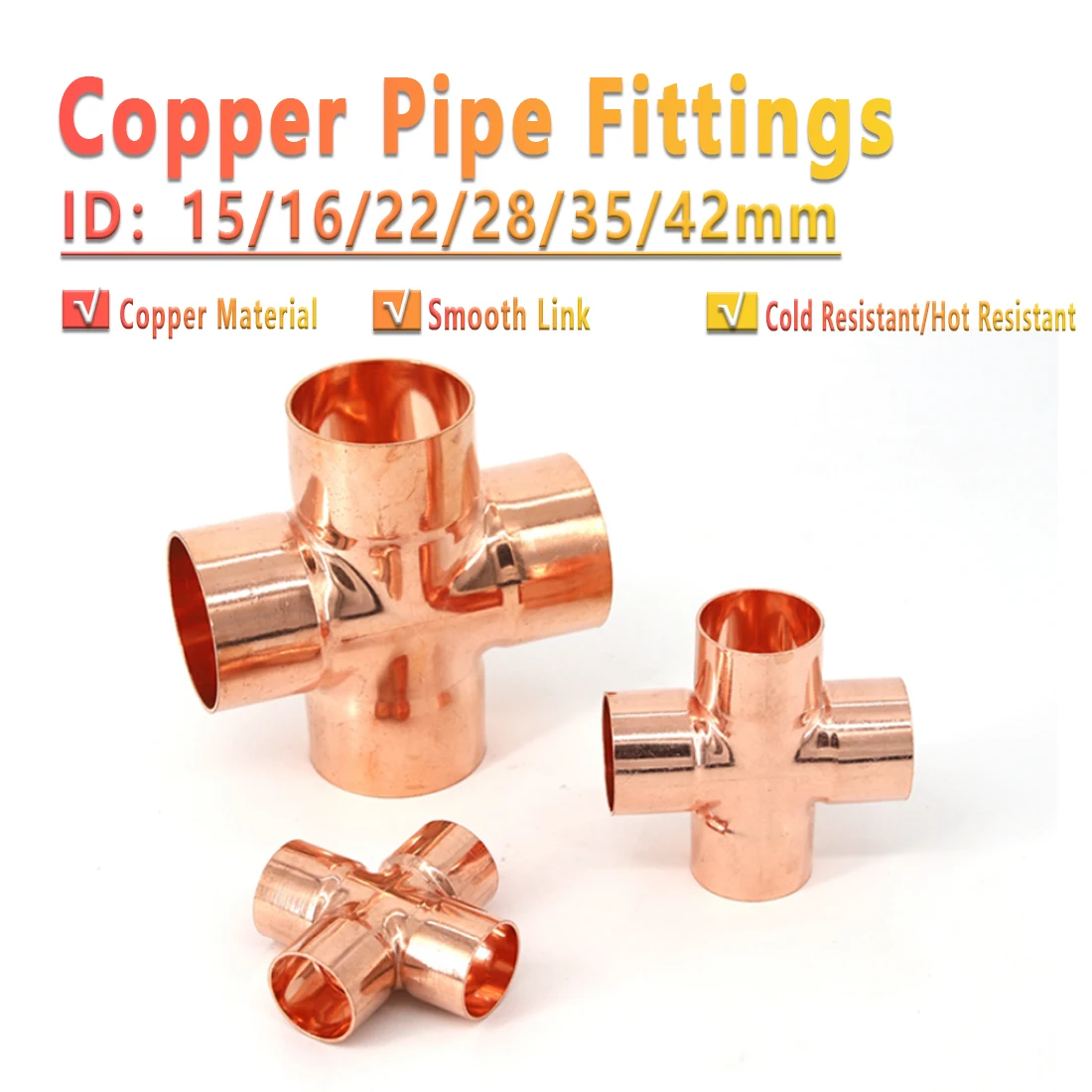 

1pcs 15/16/22/28/35/42mm Pure Copper End Feed Cross 4 Ways Welding Pipe Connector Air Conditioner