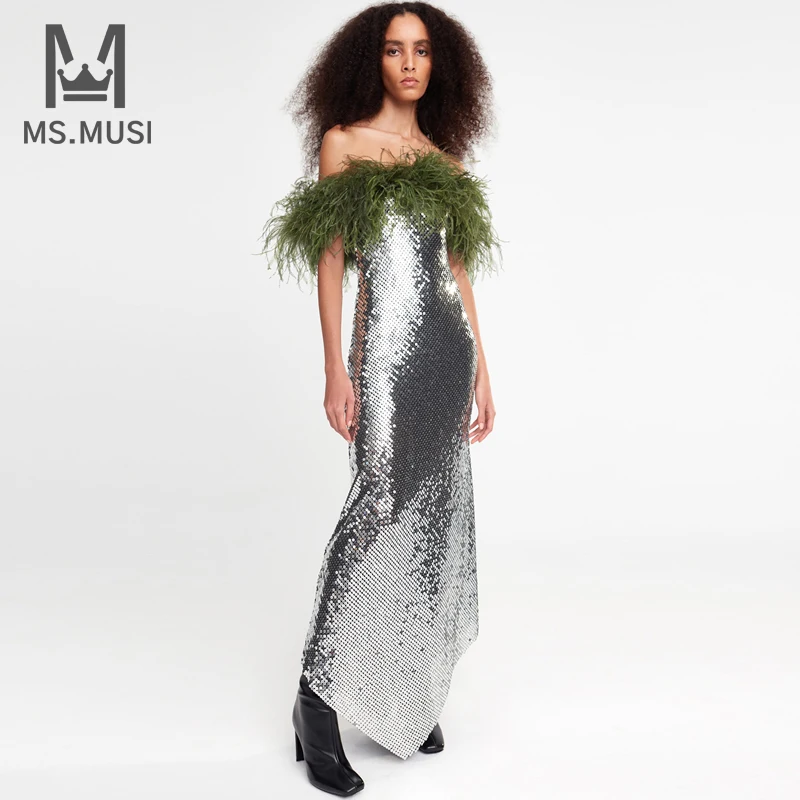 MSMUSI 2024 Nieuwe Mode Vrouwen Sexy Uit De Schouder Veer Pailletten Mouwloze Backless Bodycon Party Club Maxi Jurk Lange Jurk