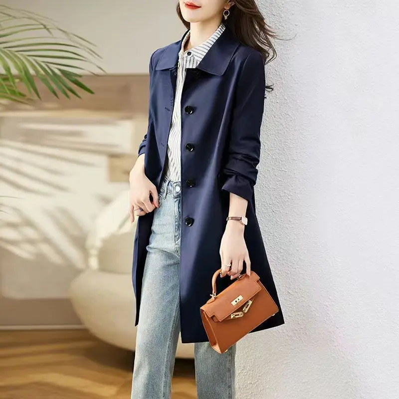 Spring Autumn Fashion Turn-down Collar Long Sleeve Solid Trench Women's Clothing Korean Button Simplicity Trend All-match Tops