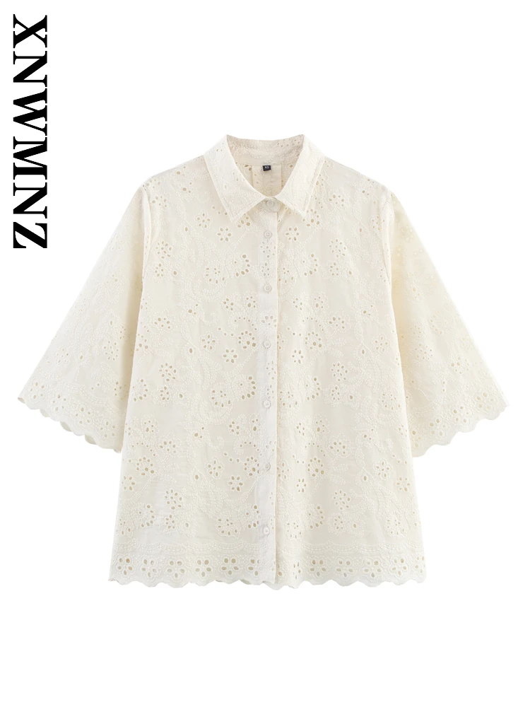 

XNWMNZ 2025 Summer New Woman's Simple Commuting Turn-down Collar Top Fashion Woman Short Sleeve Hollow Out Blouses Chic Shirt
