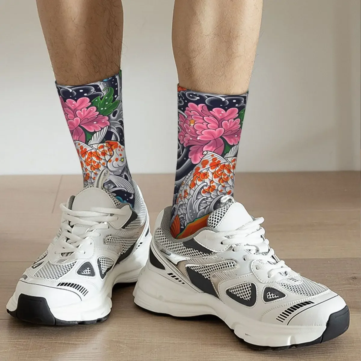 Koi Fish And Floral Pattern Socks Harajuku Sweat Absorbing Stockings All Season Long Socks Accessories for Unisex Gifts