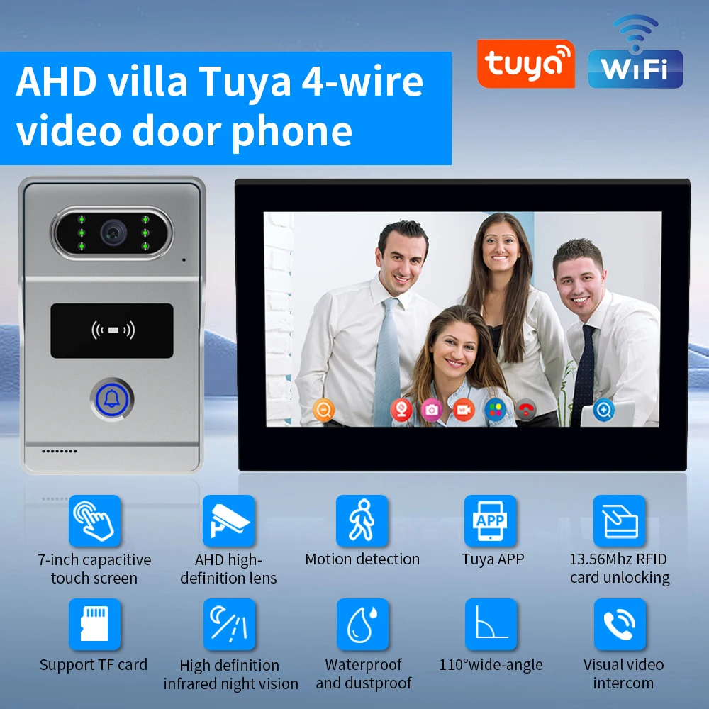 

Tuya 7-дюймовый видеодомофон, система внутренней связи, RFID-дверной звонок с монитором камеры, разблокировка приложения HD ночного видения для виллы, квартиры