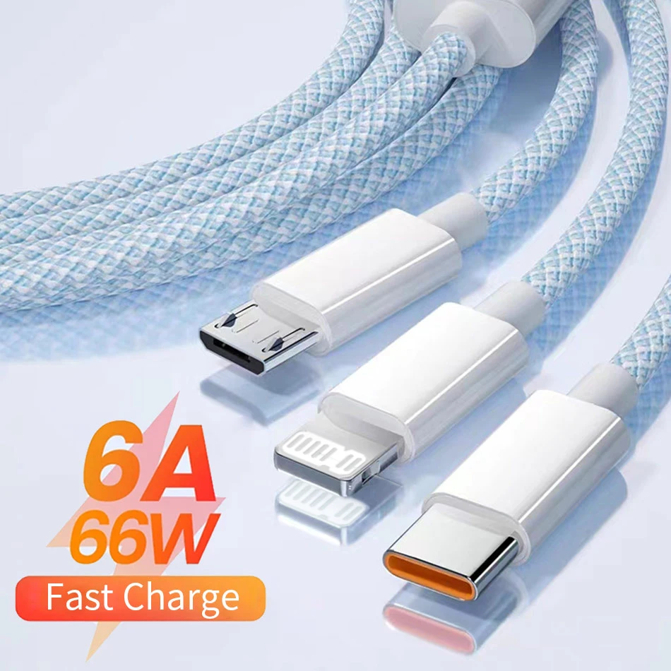 6A 66W 3 in 1 Fast Charging Cable 6A USB Type C Cable USB C Data Cable 3A Micro USB Mobile Phone Cable for Huawei 1.2M/2M/3M