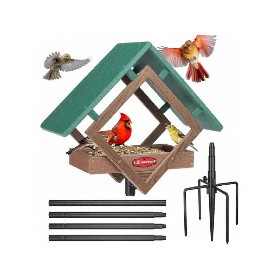 Comedero para pájaros con plataforma ajustable para exteriores, comedero para pájaros con bandeja de malla metálica y plástico, con cubierta resistente a la intemperie, ideal para atraer aves.