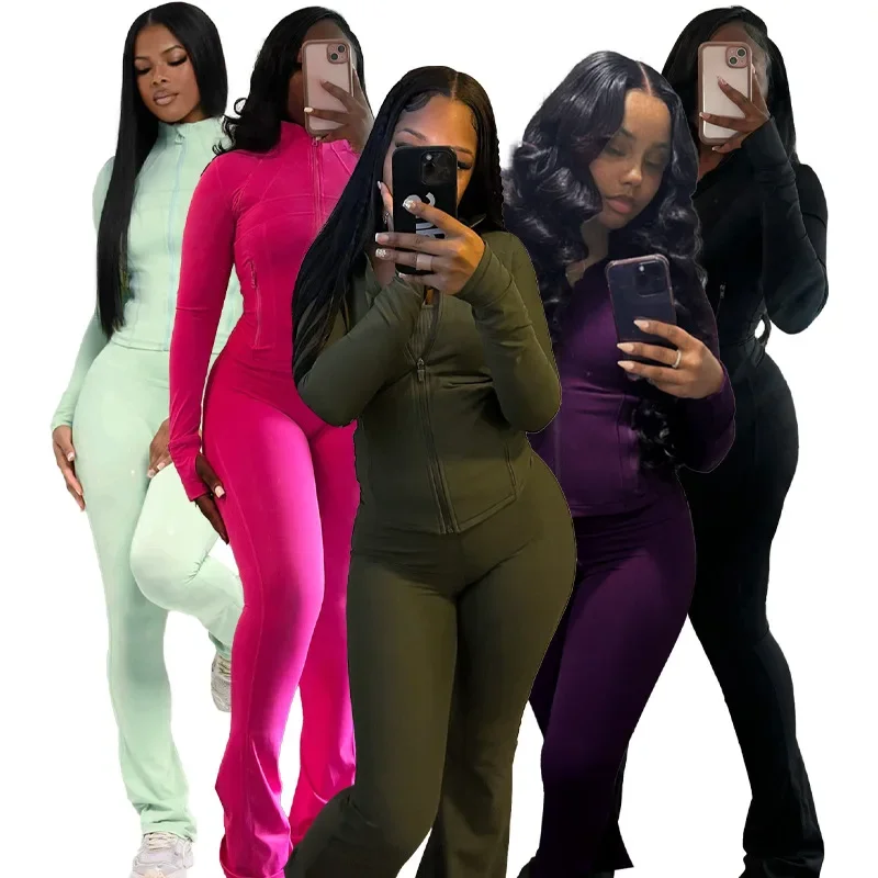 NEW Pant Sets Two Piece Set Women Sexy Slim Fit Zipper Top Stand Collar Solid Sporty Casual Splice Flare Pants Elastic Waist