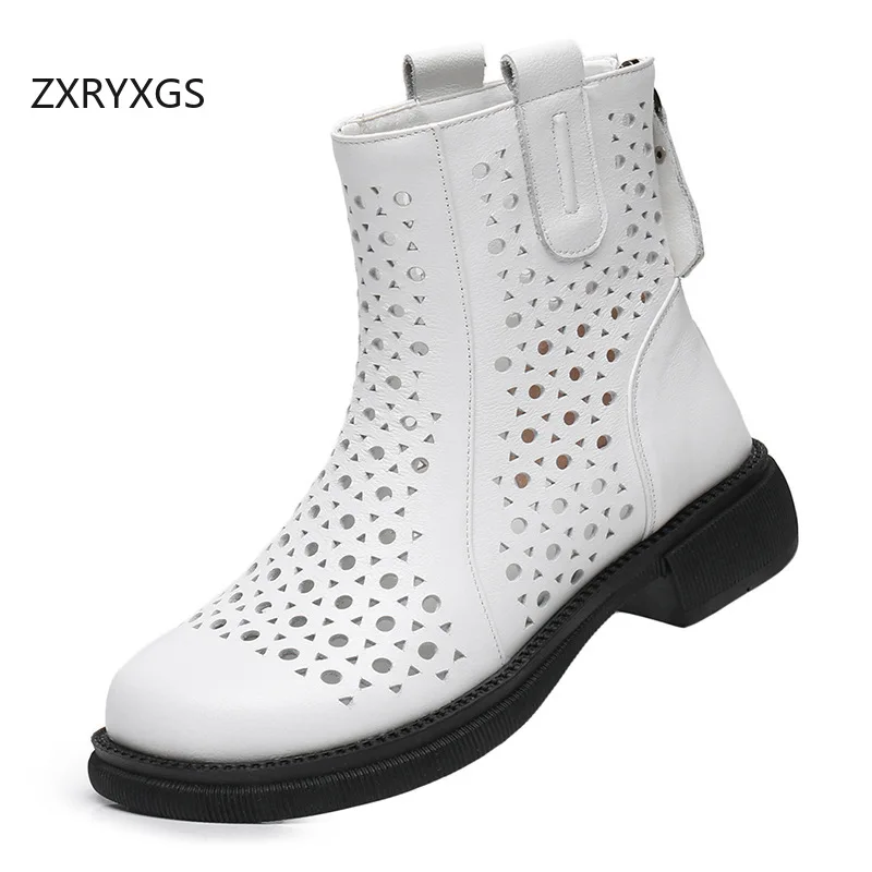 ZXRYXGS Top Layer Cowhide in-tube Hollow Boots 2026 Large Size Spring Summer Boots Breathable Sandals Women Fashion Cool Boots