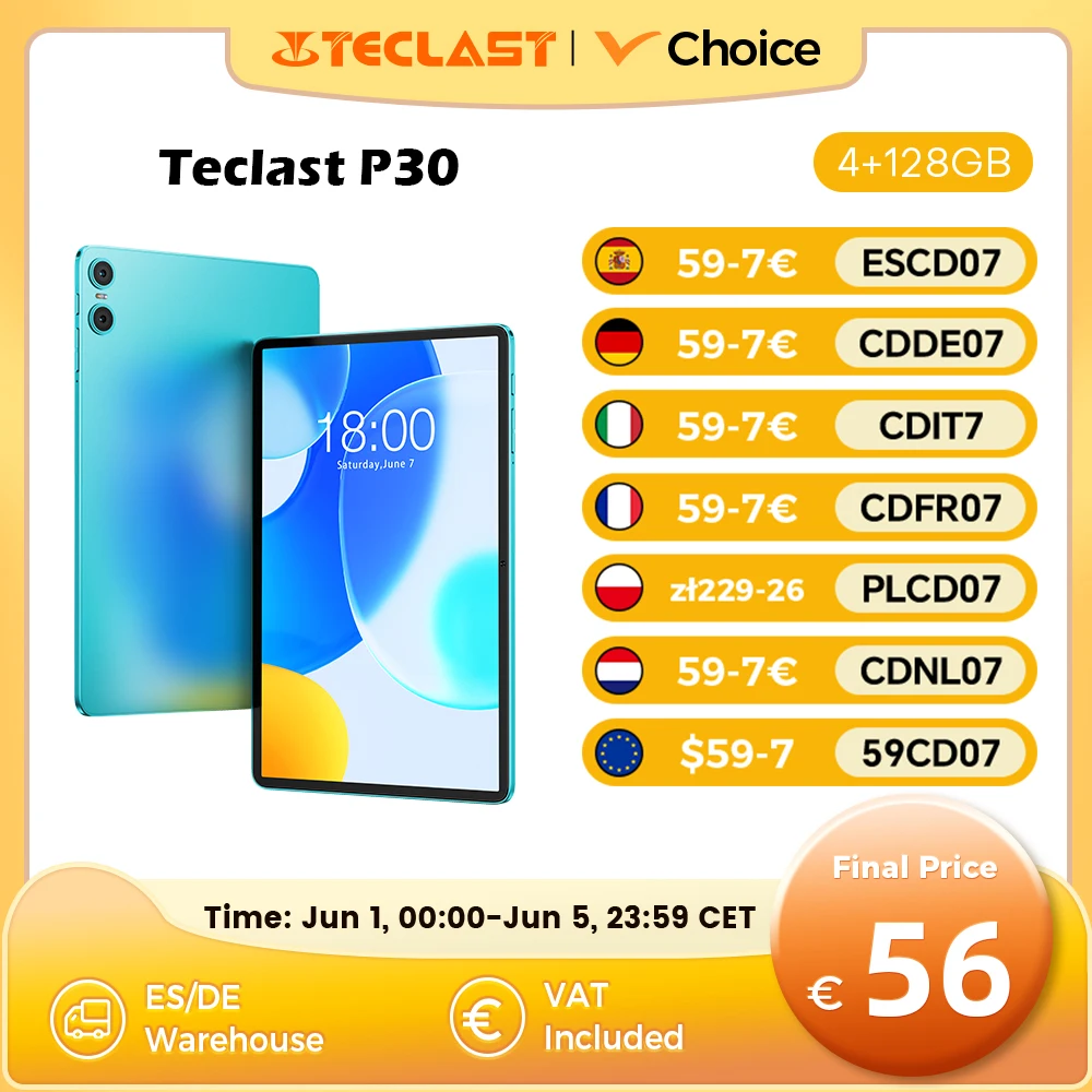 Teclast P30 Android 14 Tablette, 10,1 Zoll, max. 12 GB RAM, 128 GB ROM, 1280 x 800 IPS, UNISOC T606,