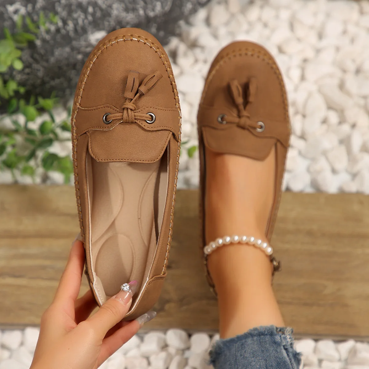 

Summer Low-Cut‌ Handmade Stitching Genuine Leather Flats Loafers with Air Cushion Insoles Comfortable Slip-On Shoes for Women