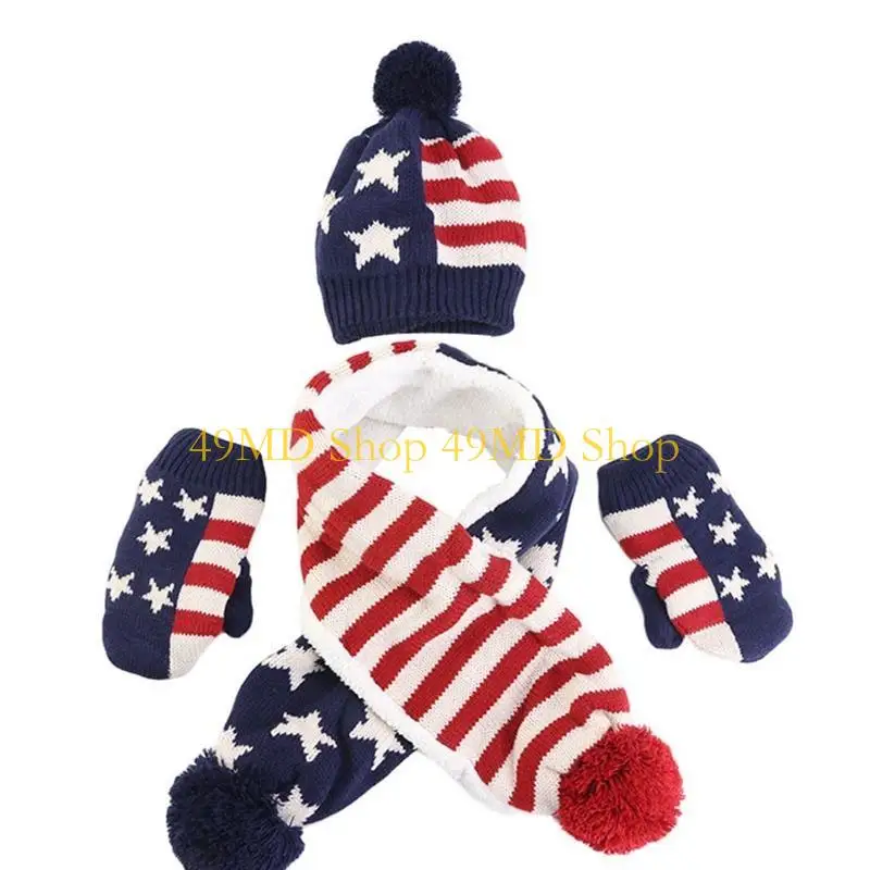 49MD Kids 3Pcs Winter Warm USA/UK Flag Knit Beanie Hat Long Scarf Gloves Set
