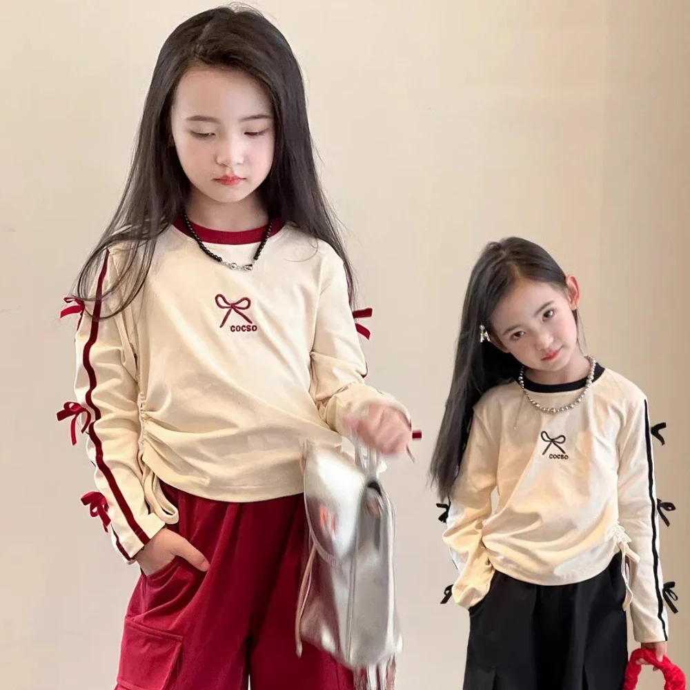 2026 Spring and Autumn Long Sleeved Girls' Clothing Bow Decoration Color Blocked Top+Work Pants Fashion Outing Children's Set