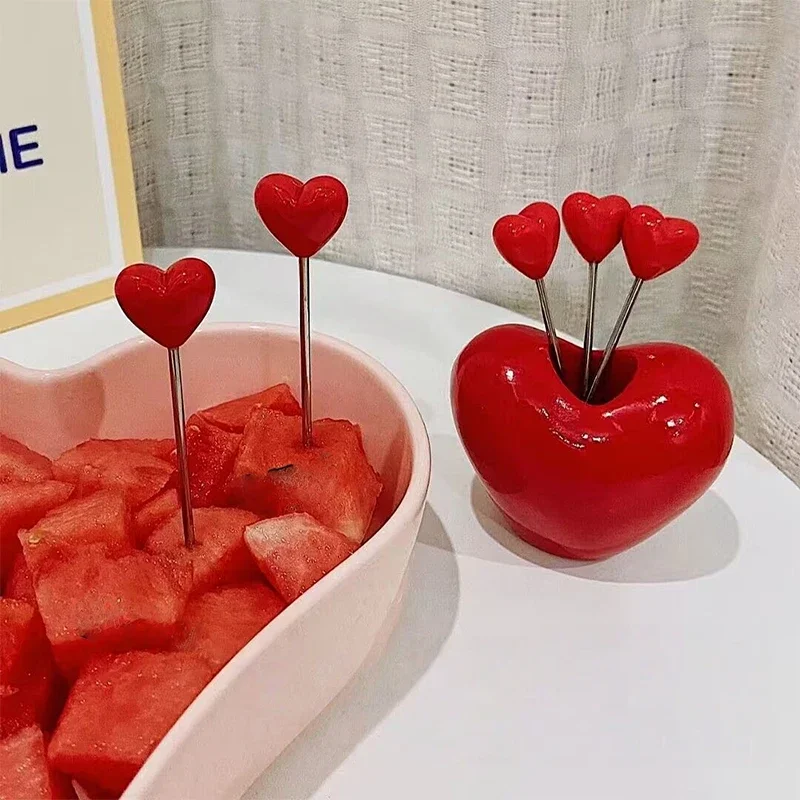 

10Pcs Creative Love Fruit Forks Cute Heart Shape Stainless Steel Cake Fork Set Snacks Tableware Kitchen Valentine's Day Party