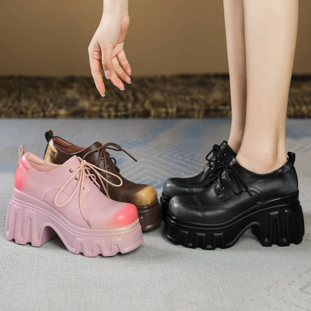 2024 Spring Summer Punk Style Shoes Women Genuine Leather Platform Shoes High Platform Chunky Heel Pumps Pink Brown Wholesale