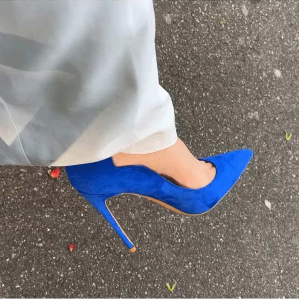 Tikicup Solid Royal Blue Women Curl Cut Flock Pointy Toe High Heel Shoes 8cm 10cm 12cm Elegant Faux Suede Stiletto Pumps