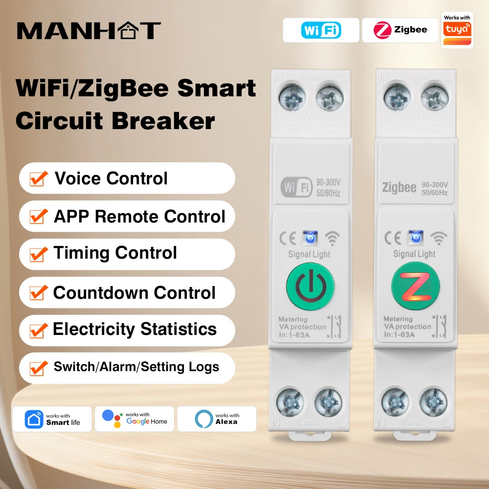 

Умный выключатель Tuya WiFi/Zigbee 1A-63A с регулируемой силой тока, на DIN-рейку, с функцией учета энергии, для Alexa и Google Home