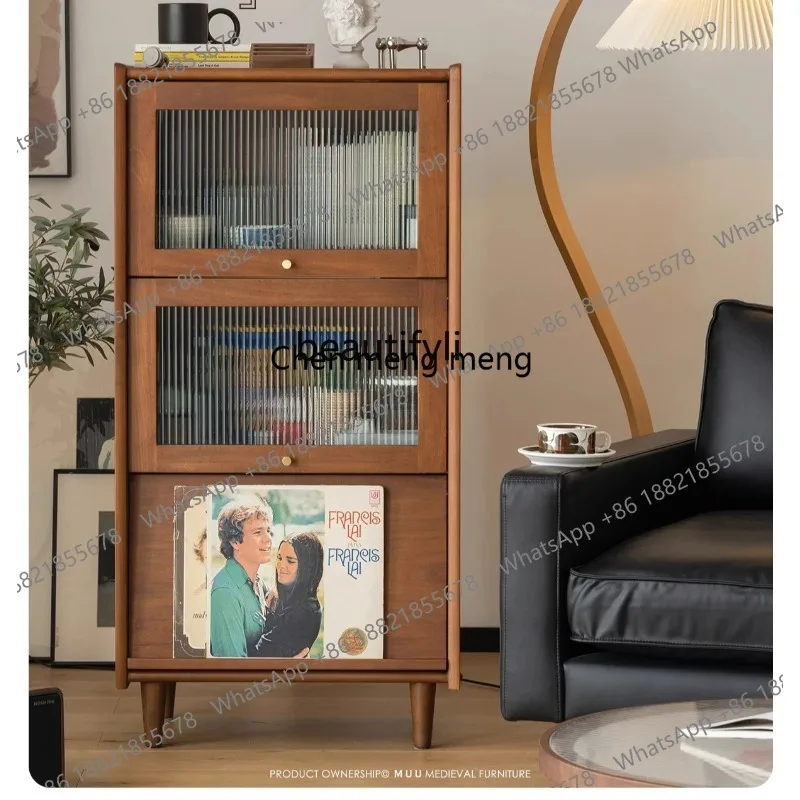 Solid wood bookcase, medieval magazine storage cabinet in living room, Nordic retro floor storage, small side cabinet with door