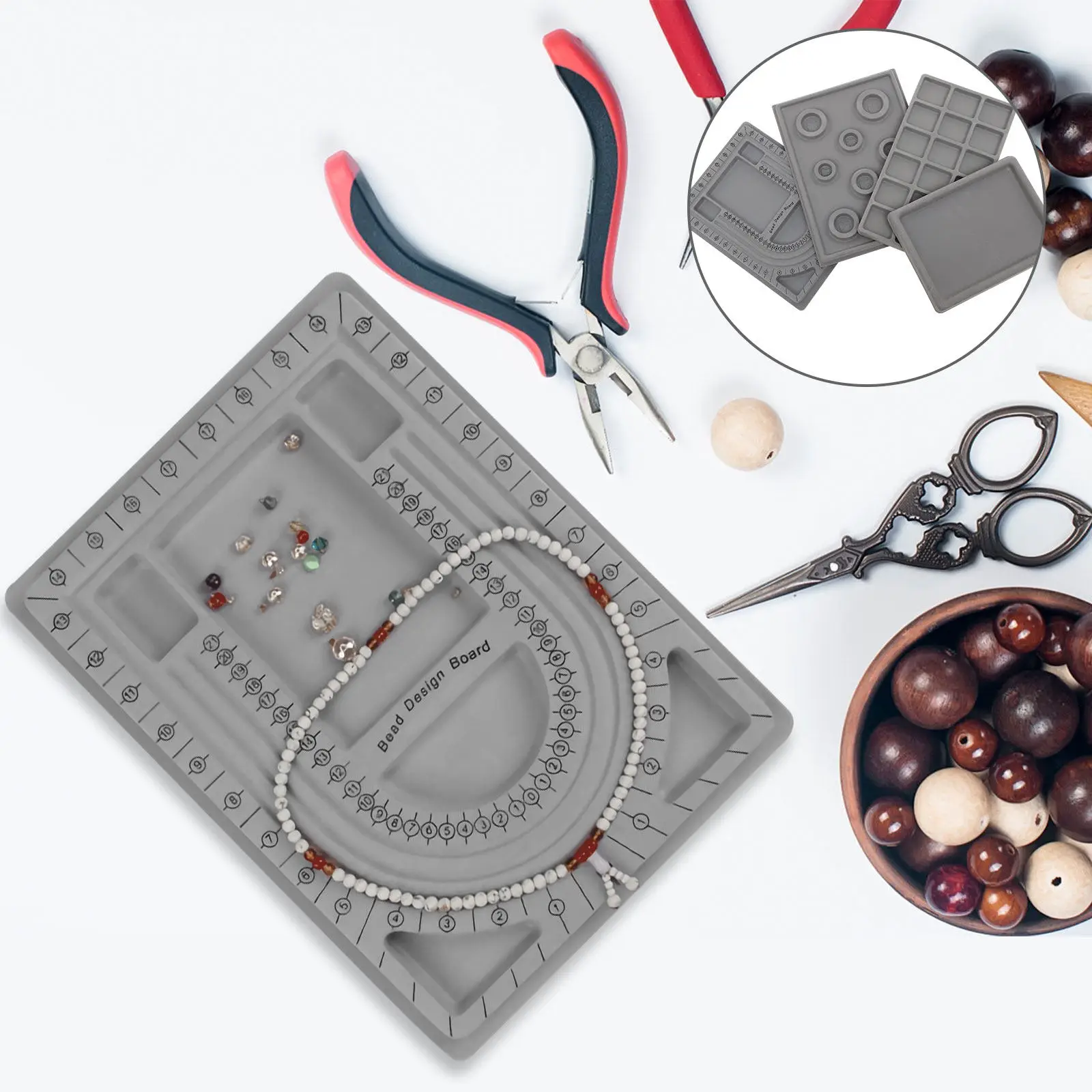 

Набор из 4-х досок для дизайна украшений: коробка для хранения, лоток для бисера, доска для изготовления украшений, инструмент для измерения браслетов и ожерелий