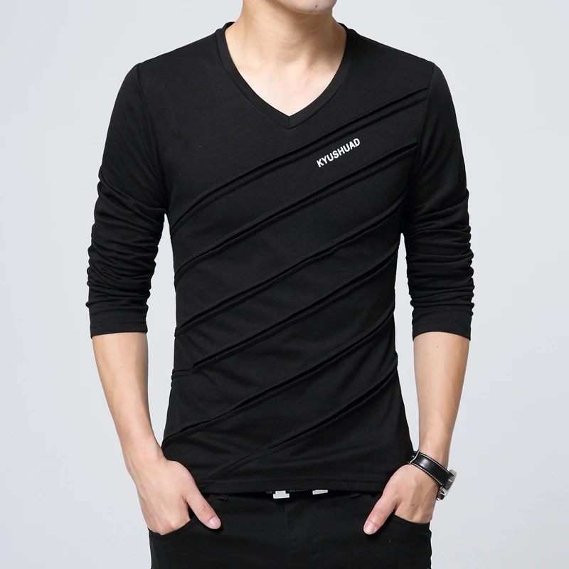 

V Neck Men's T-shirts Korean Autumn Sweatshirt Funny Streetwear High Quality Tops Xxl New Japan Spring Base Layer Male Pullover