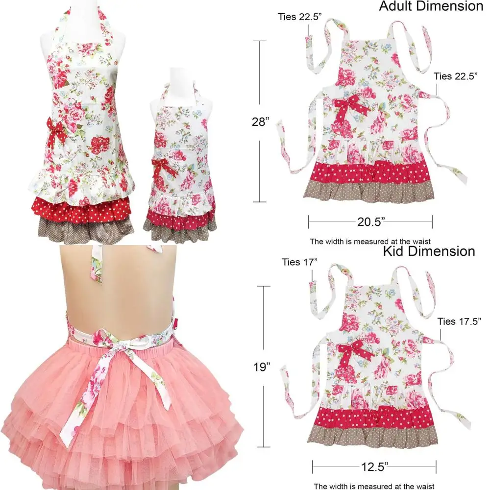 ผ้ากันเปื้อนสำหรับทำขนม ทำอาหาร และงานฝีมือ ลายดอกกุหลาบและลายระบาย สำหรับแม่และลูกสาว