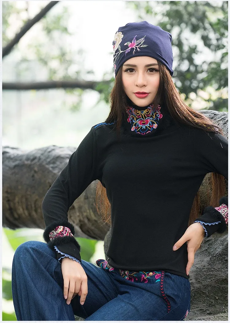 Cheshanf Cheap-clothes-china Women Autumn Winter Mexican sSyle Vintage Hippie Black Blue Flowers Embroidery Hat Skullies Beanies