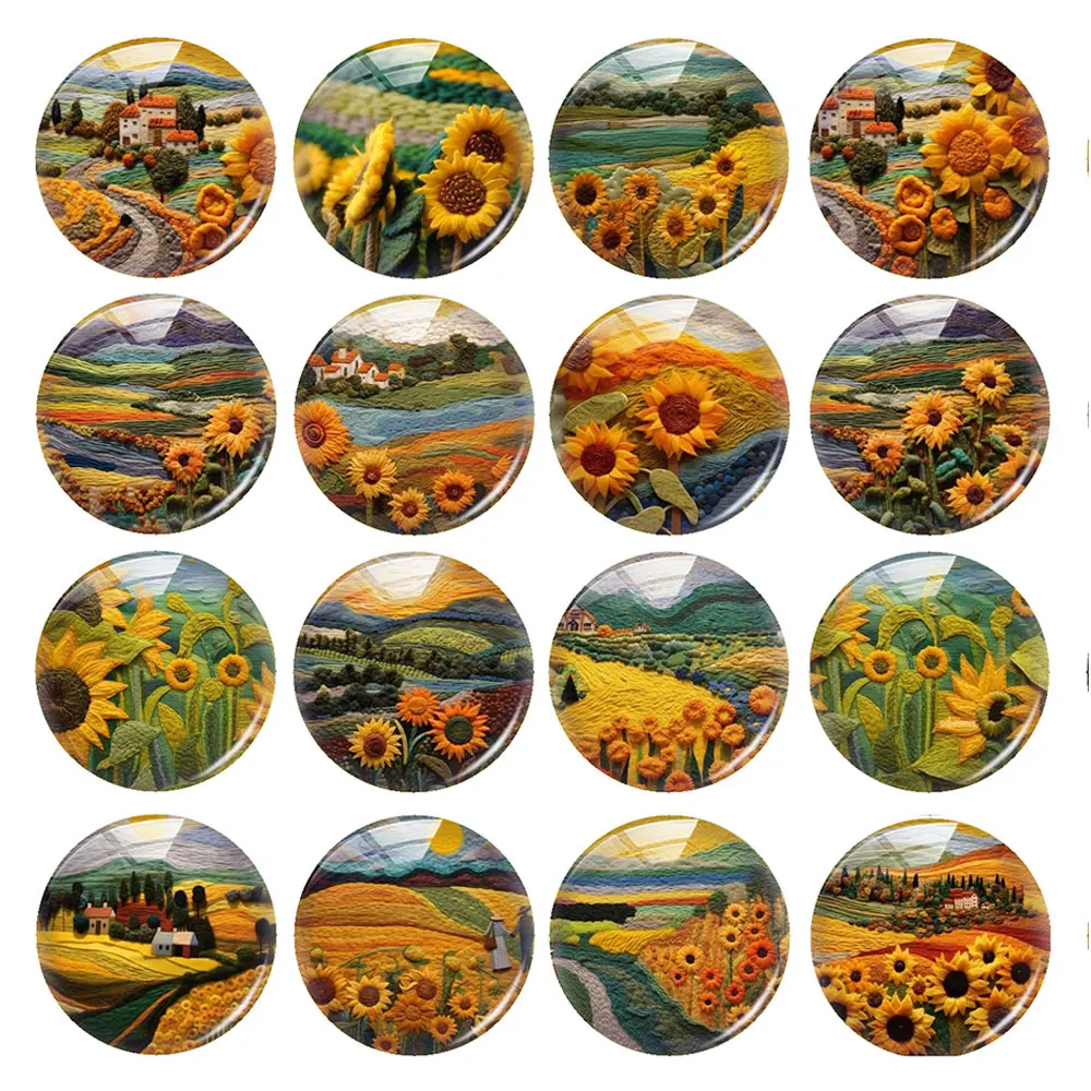 

Handmade Countryside Sunflower Farmhouse Flower Round Photo Glass Cabochon Flatback Demo Flat Back Cameo For Diy Jewelry Making