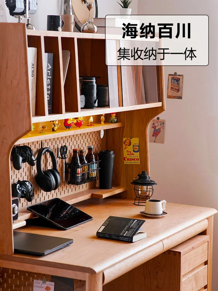 Small apartment window desk bookcase integrated children's study table cherry wood home computer desk