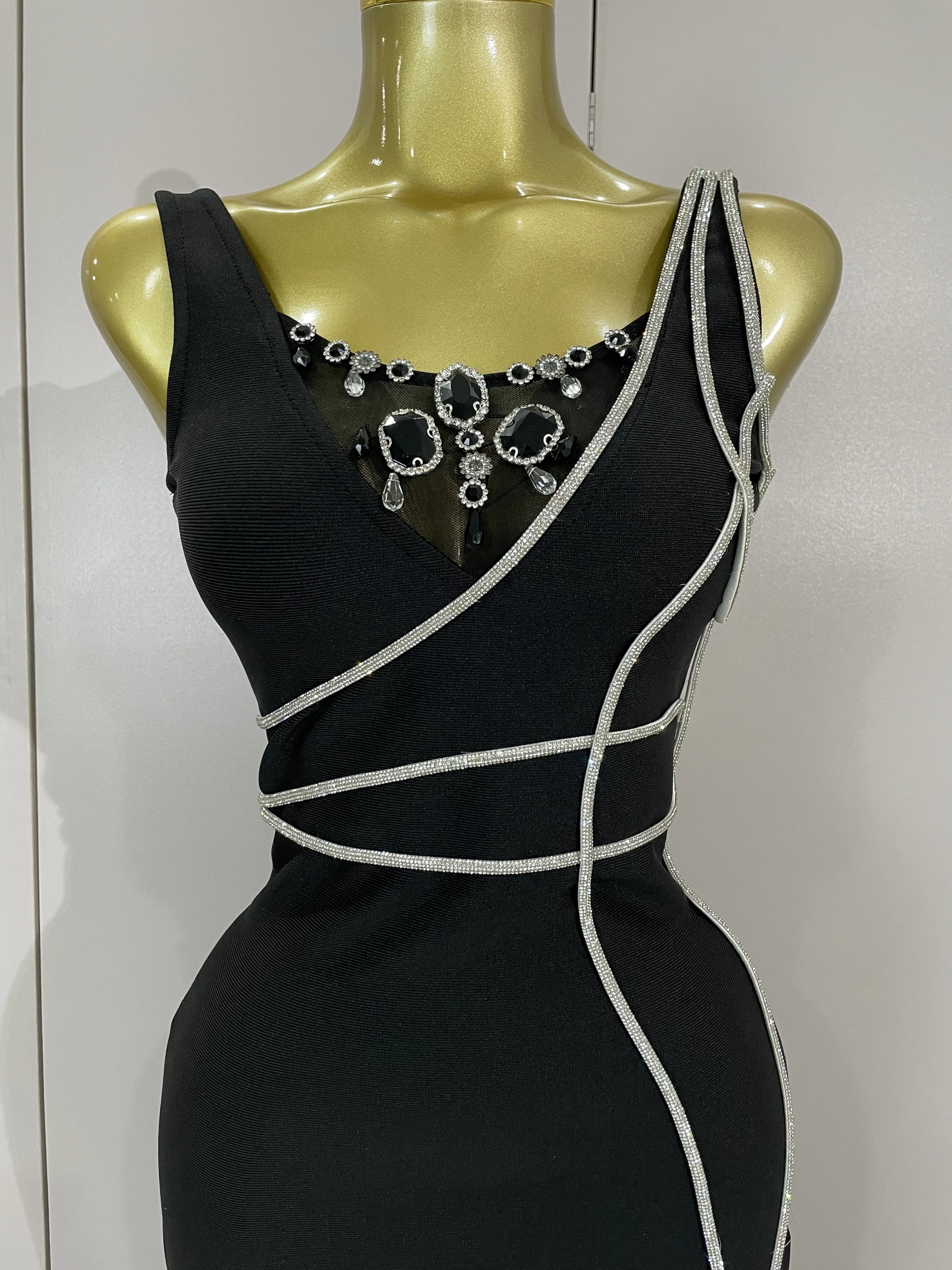 Damskie luksusowe sukienki urodzinowe, seksowne, z koralikami, czarne, maxi, długie, bandażowe sukienki 2025, nowe, wieczorowe, klubowe, dzianinowe, obcisłe ubrania na imprezę.