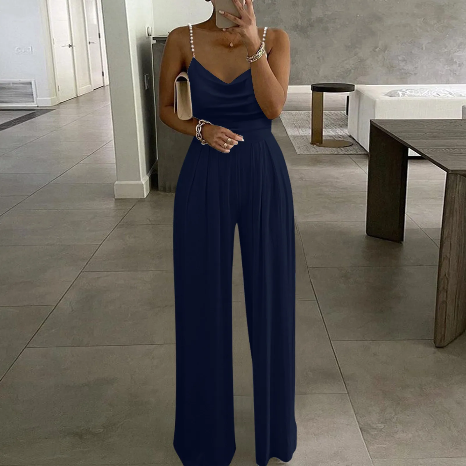 Elegant Jumpsuits Woman Party Clothing Solid Sexy Sleeveless Pearl Sling Rompers 2024 Summer Fashion Wide Leg Overalls