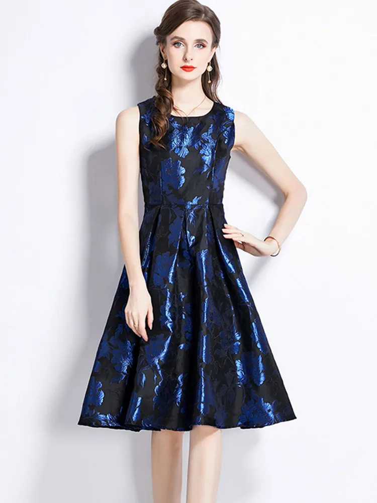 

SMTHMA New Design Flower Jacquard Knee-Length Dress Women's Vintage Elegant Party Fashion Dresses Vestidos Female Clothing