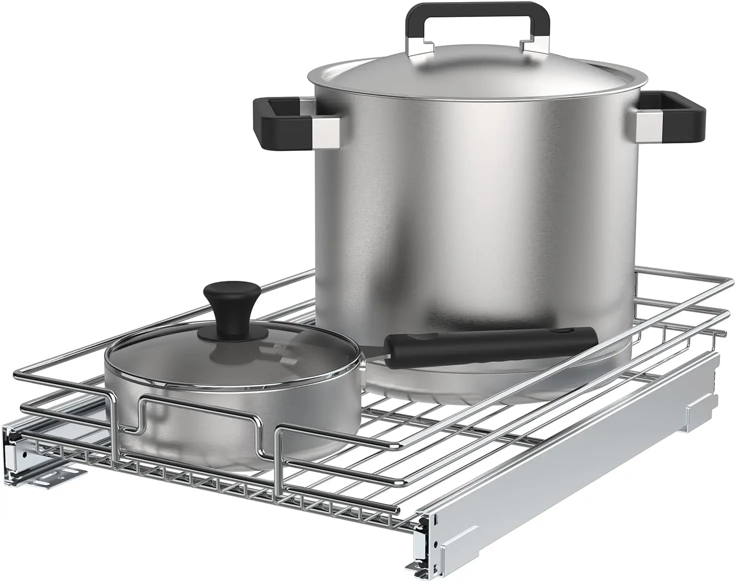 

Прочный металлический выдвижной органайзер для шкафов, выдвижная полка для кухонных шкафов с хромированным покрытием (23 x 21 дюйм)