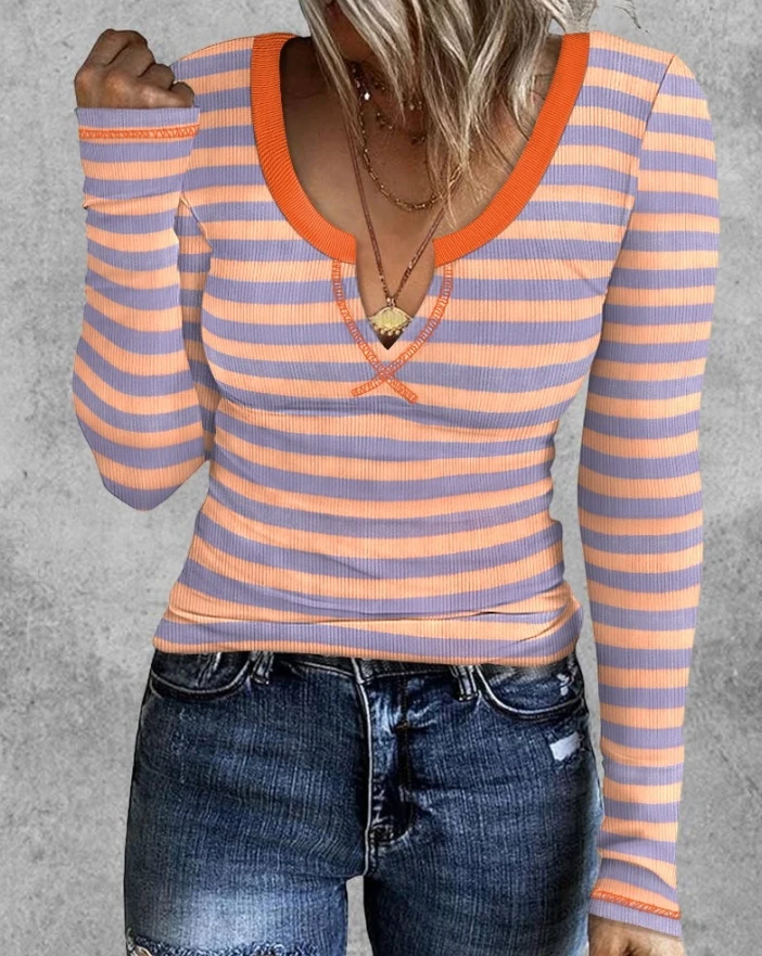 Fashion Striped Notch Neck Long Sleeve Ribbed T-Shirt Women's Blouses Trend 2024 Autumn Pullover Slim Fit Tee Temperament