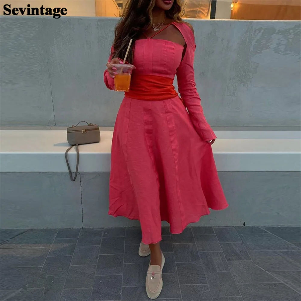 

Sevintage Blush Pink Saudi Arabic A Line Long Prom Dress Long Cap Sleeves Prom Party Gowns Dubai Woman Formal Evening Dress 2023