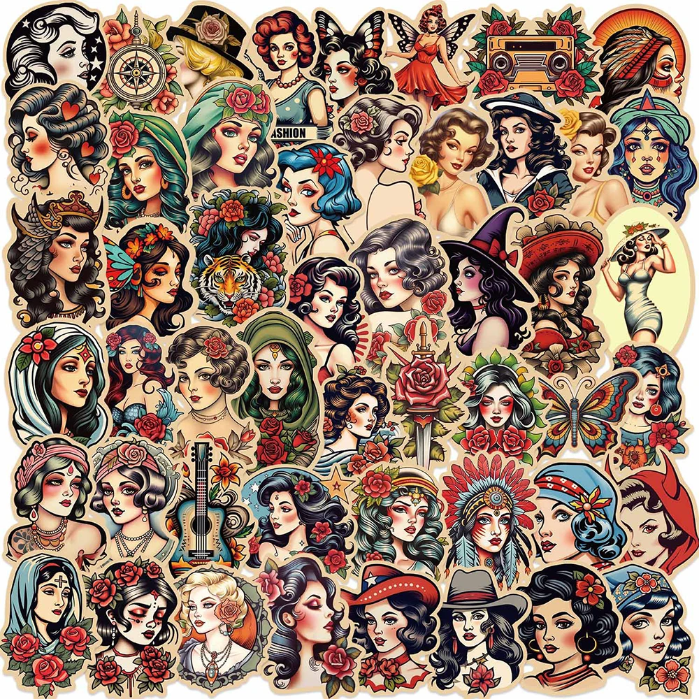 10/30/50pcs Retro Old School Tattoo Girl Style Stickers Vintage Decals Laptop Notebook Bike Suitcase Car Cool Waterproof Sticker