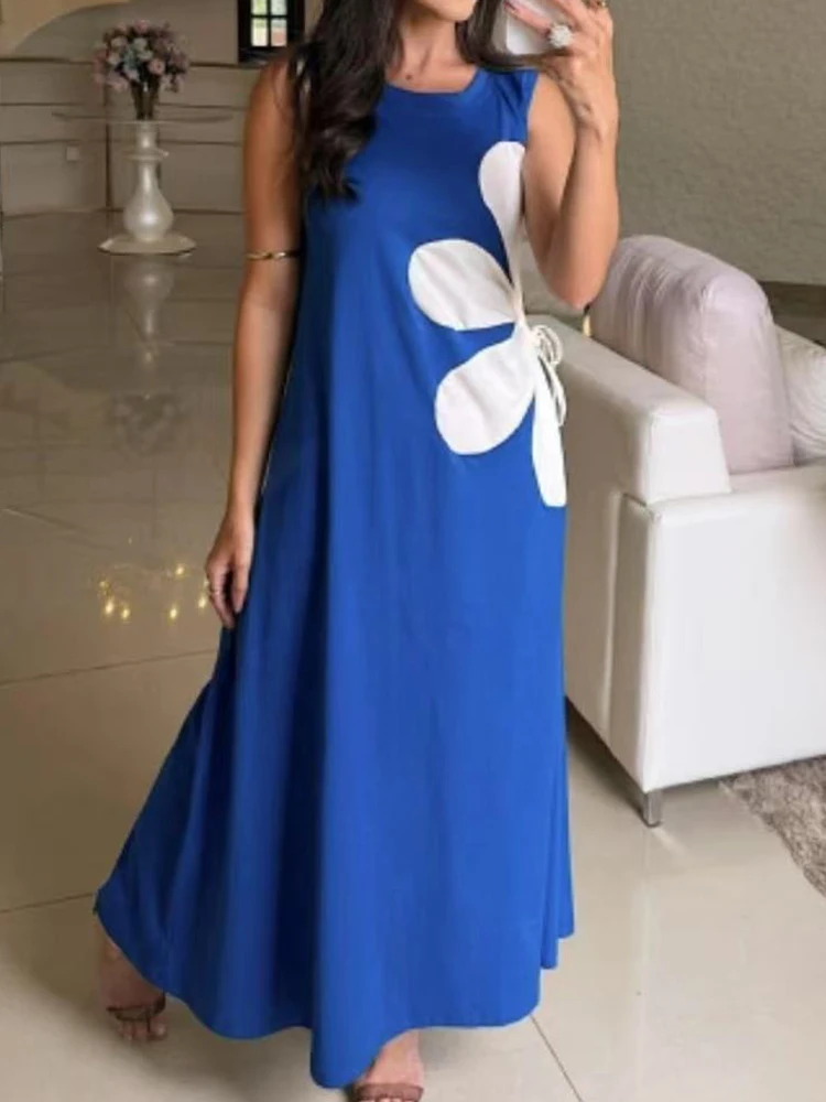 

Summer Women Simple Chic Sleeveless Maxi Dress, Holiday Print Patchwork Elegant Party Dress, O Neck Lace-Up Fashion Ladies Dress