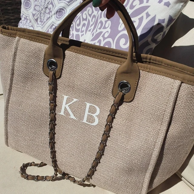 Personalised Monogram Canvas Tote Bag Bride to Be Initial Beach Handbag Wedding Gift Chain Custom bag Bridesmaid Bags Gifts