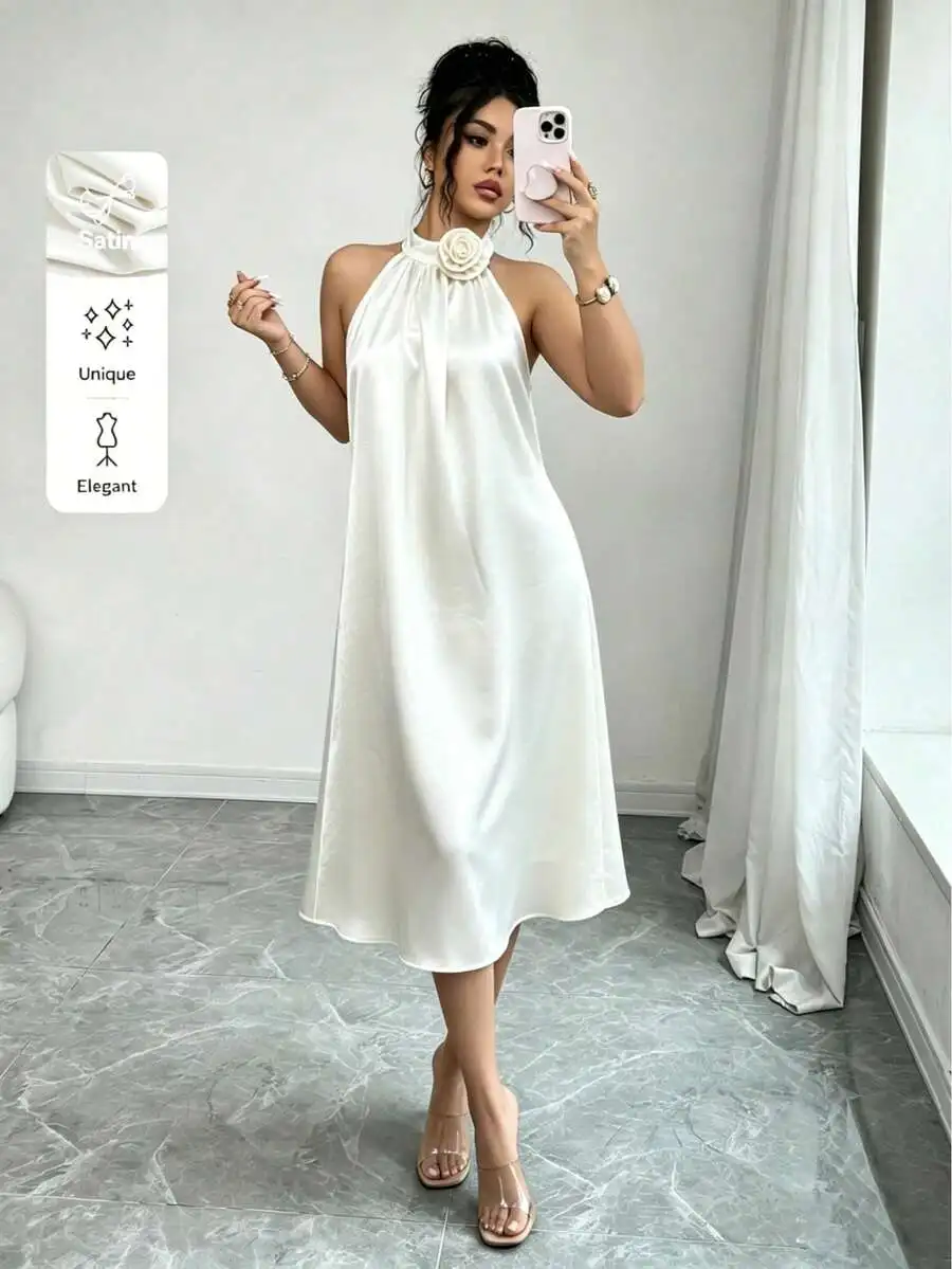 

White Satin Halter Midi Dress With 3D Rose At High Neck, Loose Flowing Cut, Spaghetti Straps—Perfect For Weddings And Summer