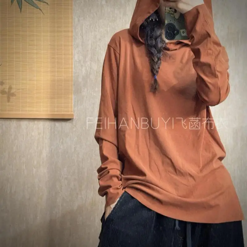 

Новая осенне-зимняя женская футболка в стиле искусства с длинным рукавом и капюшоном, универсальные повседневные хлопковые свободные футболки высокого качества, женские топы