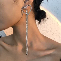 Fashion Long Tassel Heart Earrings for Women Bijoux Shiny Full Rhinestone Crystal Dangle Earring Party Jewelry Gift Accessories