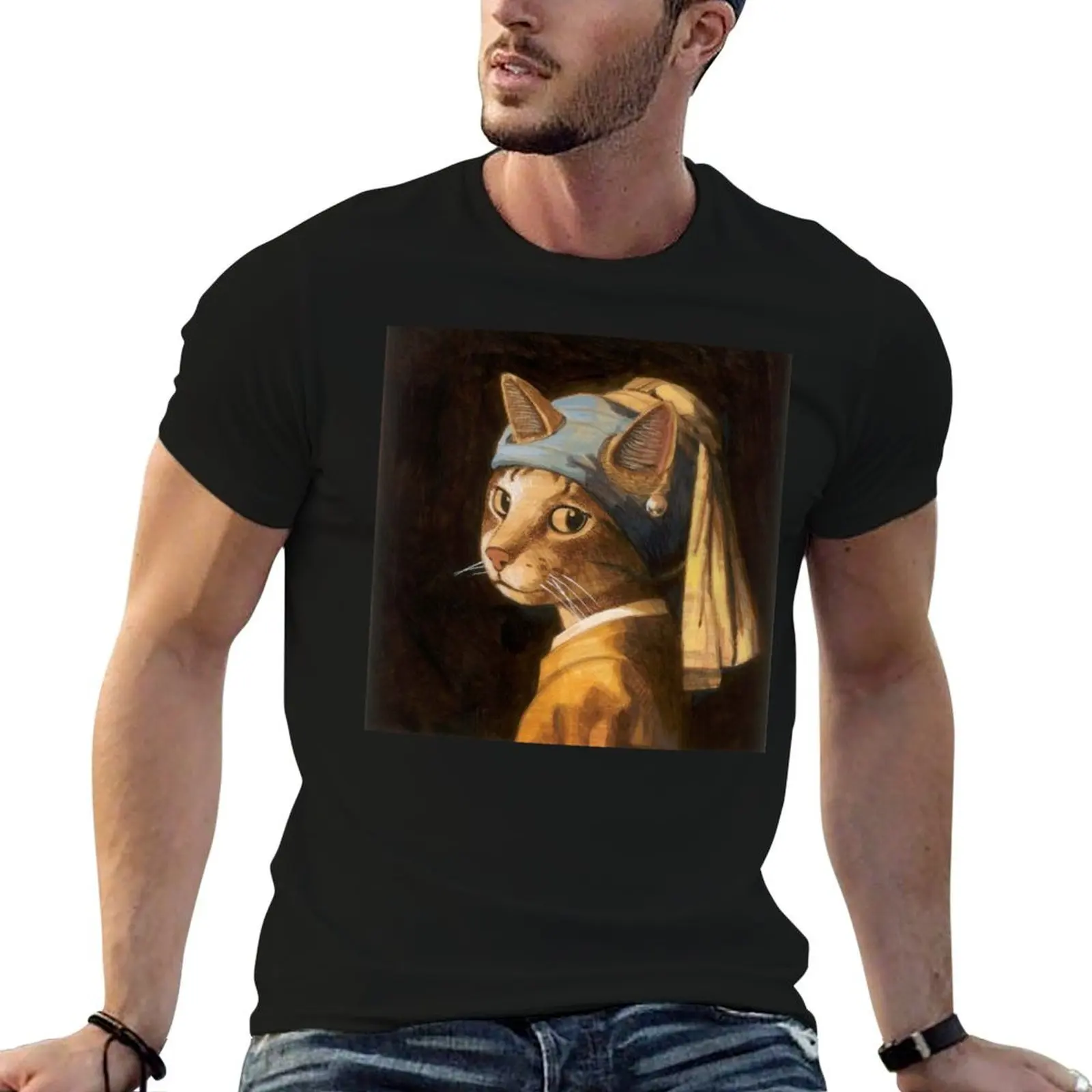 

Cat With a Pearl Earring T-Shirt cotton tshirt 100% anime tshirt T-Shirt