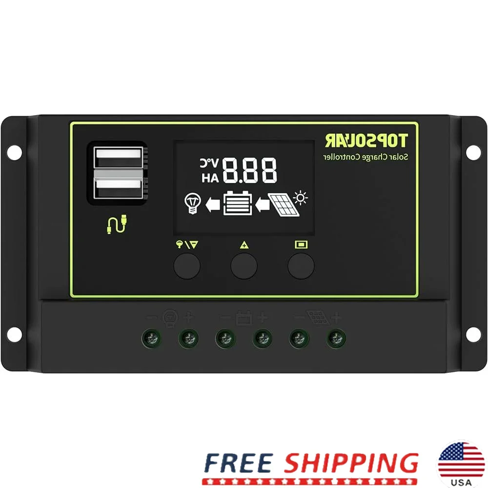 

20A PWM Solar Charger Controller 12V 24V LCD Display USB Dual Port Multiple Battery Protection