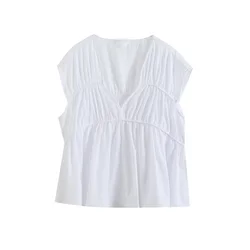 Zach Ailsa 2024 Summer New Product Women's French Simple Elegant White Comfortable temperament V-neck Sleeveless Shirt Top