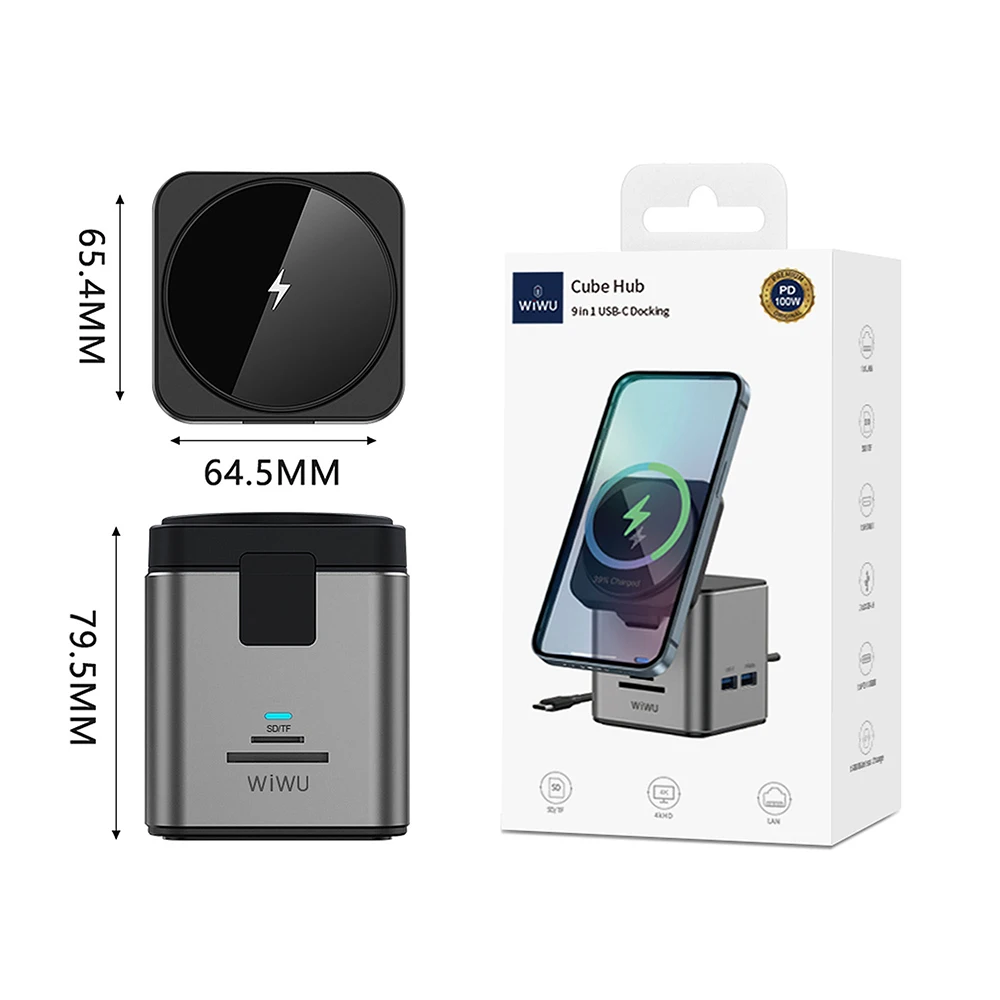 WiWU 9 in 1 Docking Station PD100W Type C Hub for MacBook Air Pro Laptops Wireless Charge for Mobile Phone 1000M Lan USB 3.0