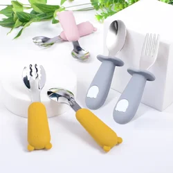 304/316 Stainless Steel Spoon Set Children Babies Fda Silicone Fork Spoon Baby Bowl Cutlery Set Fresh Cute Style Qingxin Cute