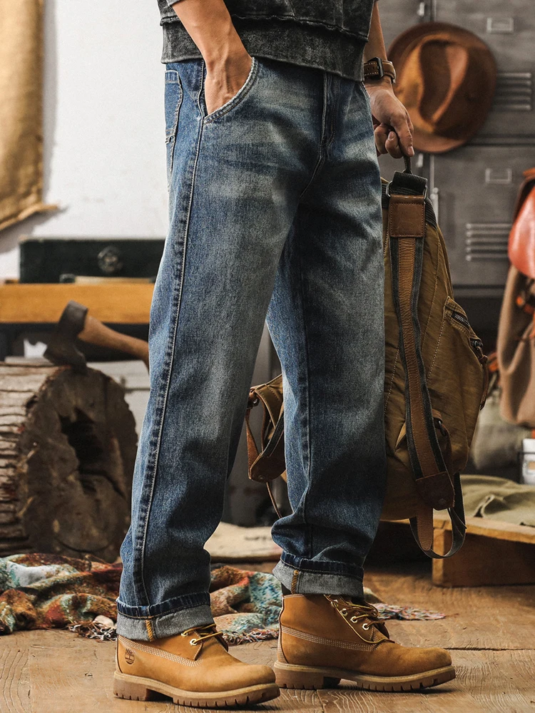 

Мужские джинсы в стиле ретро в американском стиле, повседневные брюки с прямыми штанинами, дизайн из дышащего хлопка и полиэстера, осенние новые поступления