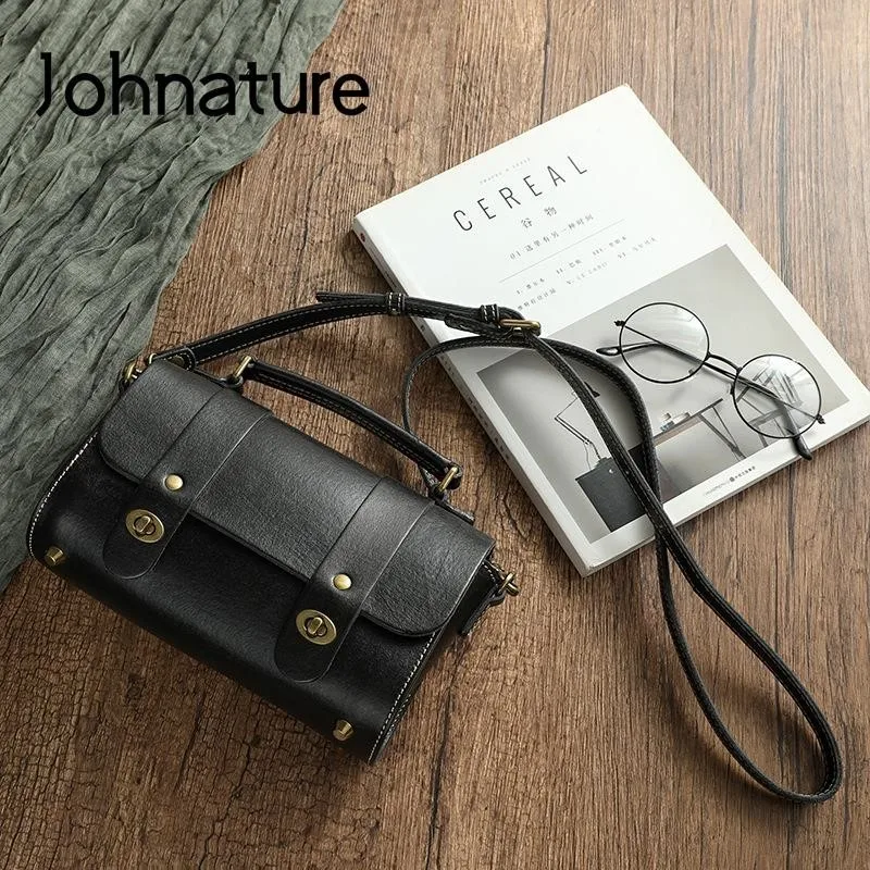 Johnature 2024 Autumn New Vintage Women Messenger Bag Real Cow Leather Handbag Handmade Leisure Solid Color Shoulder Bags