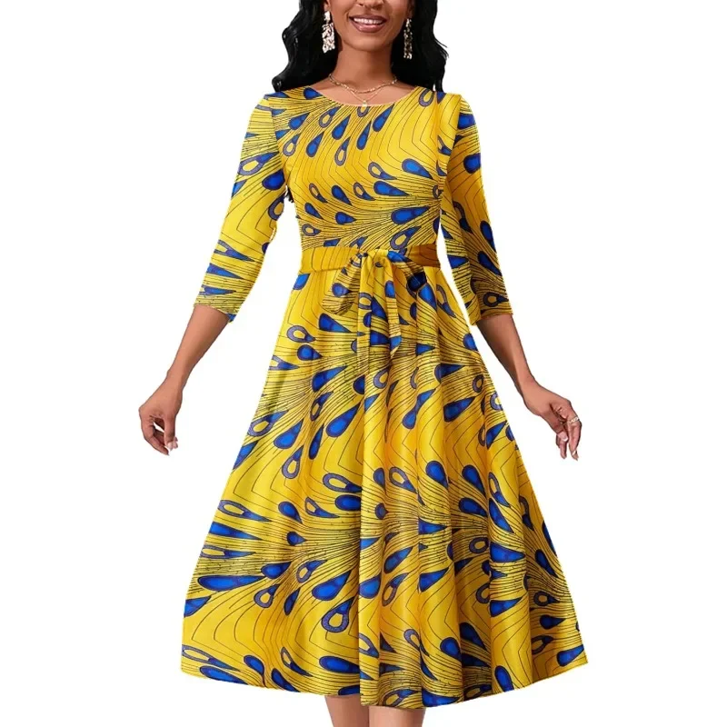 New Arrival African Fashion Ankara Print V-Neck Ladies Knee Length Dress With Zipper Traditional Batik Print Ladies Party Wear